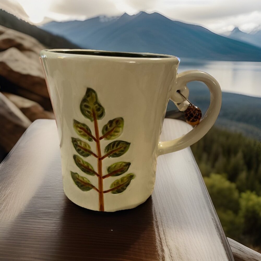 NEW W/ Acorn Charm Starbucks‎ 2007 Ceramic Tree Leaves Coffee Mug Cup 12oz. Tan